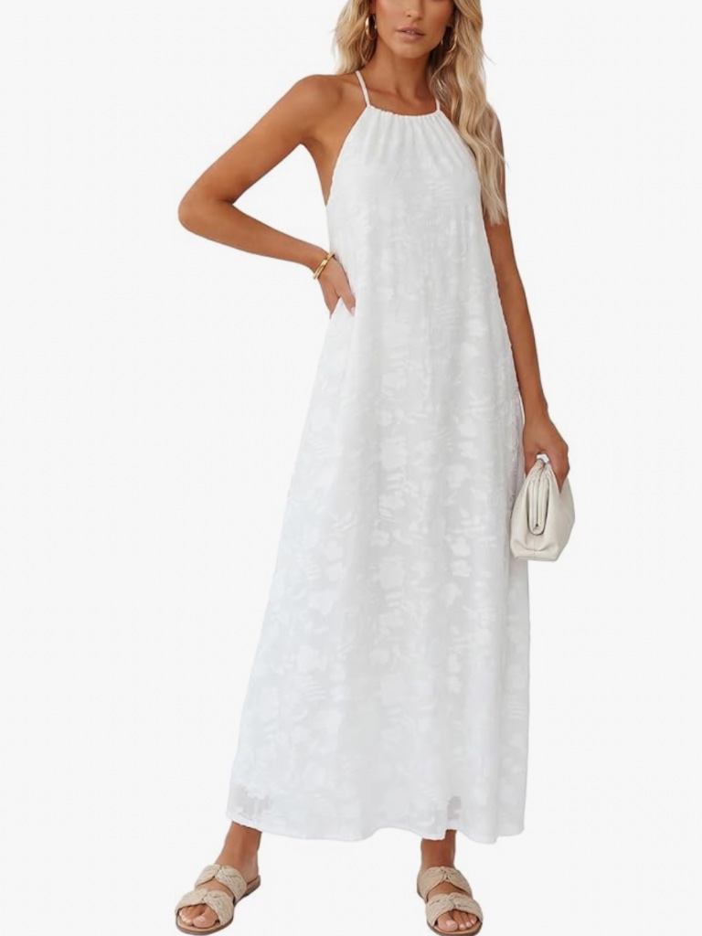 Effortless White Maxi Dress With A Halter-Style Neckline. Lightweight, Flowy Fab